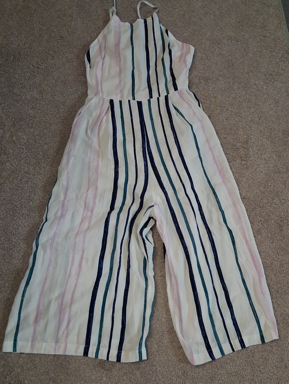 ASTR Striped Wide-Leg Halter Top Jumpsuit in Cream, Navy, Teal, Pink.Open Back-S